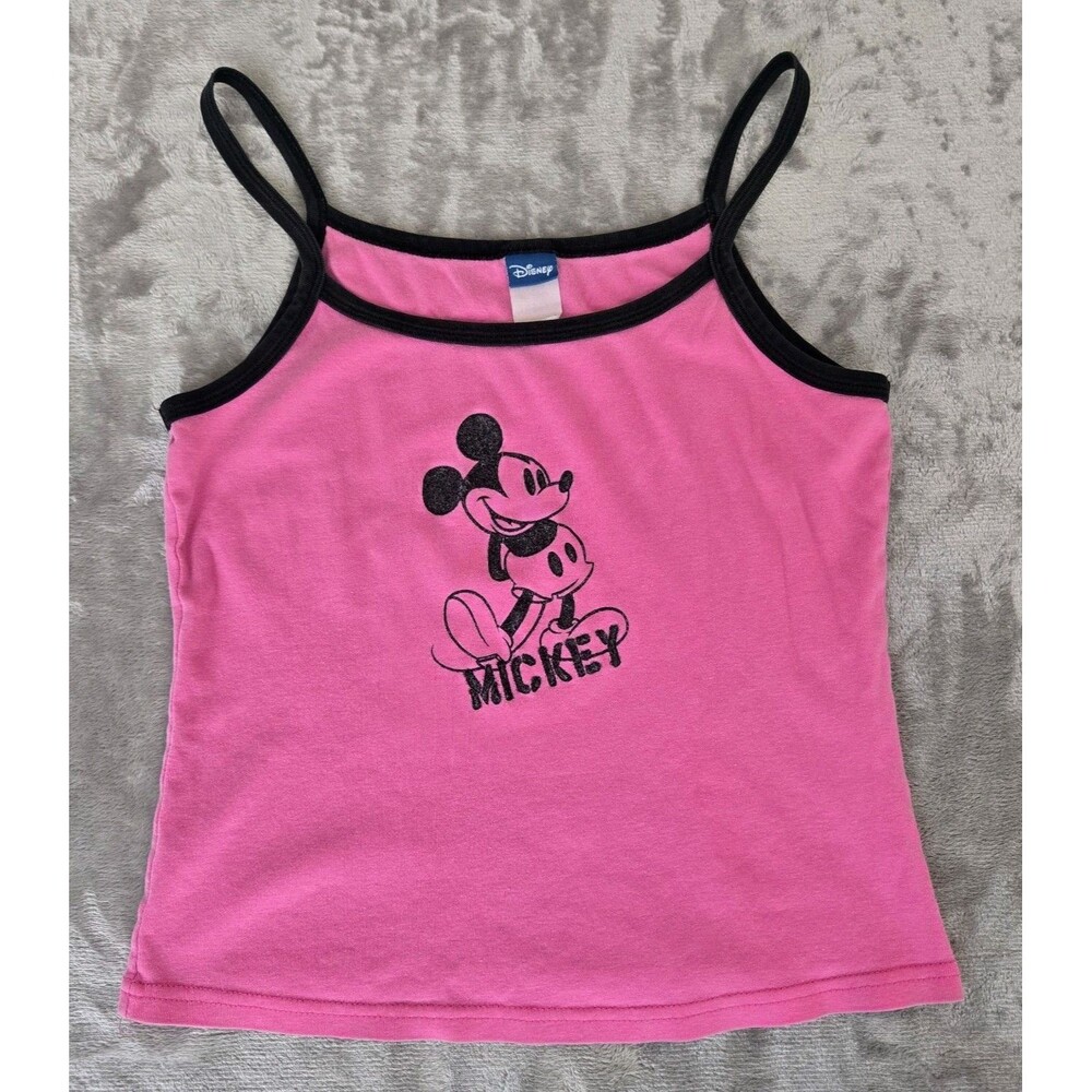 Vtg Y2K Disney Mickey Mouse Cami Tank Top Pink cropped Black Ringer Made in USA